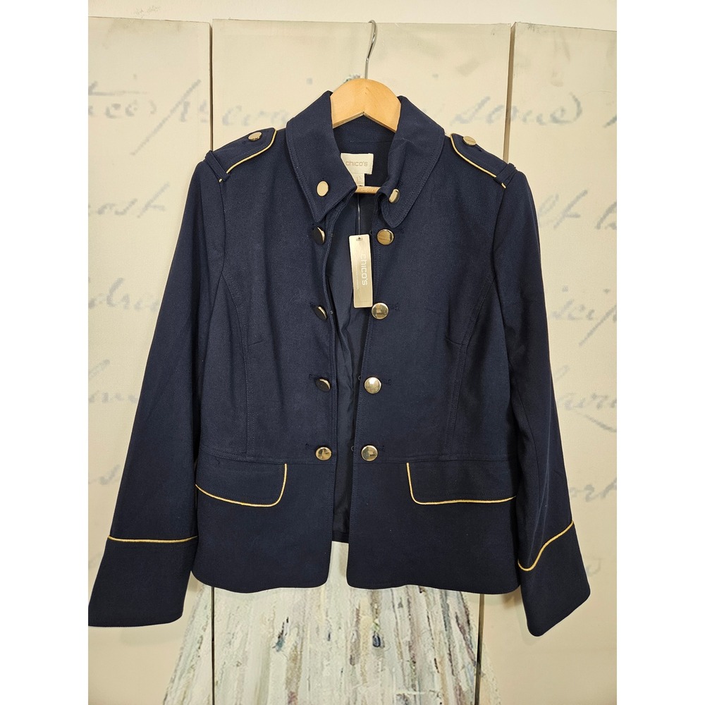 Chico's Navy Blue Military Jacket Gold Button Epaulette Blazer NWT Size 1 M